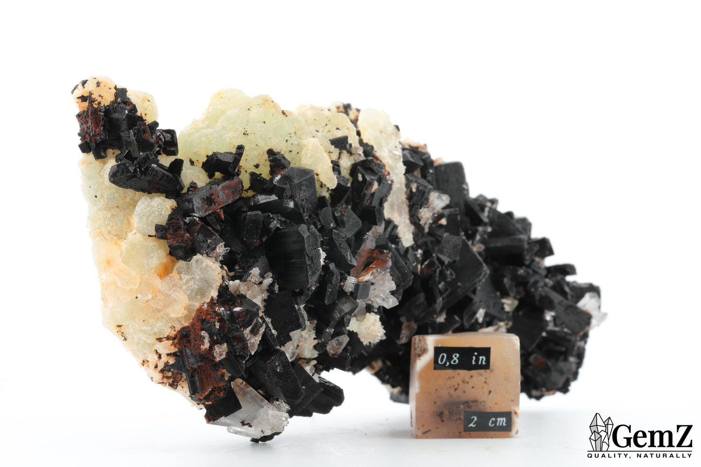 Spectaculaire babingtonite sur phrénite et quartz – 340g
