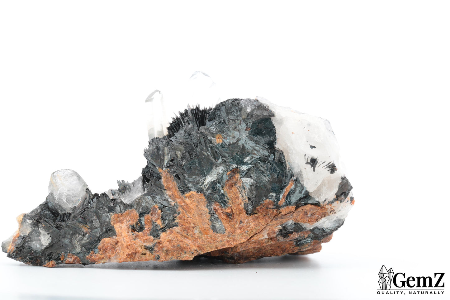 Cristaux de roche sur Hématite lamellaire (Spécularite) – Mine de Florence, Egremont, Royaume-Uni