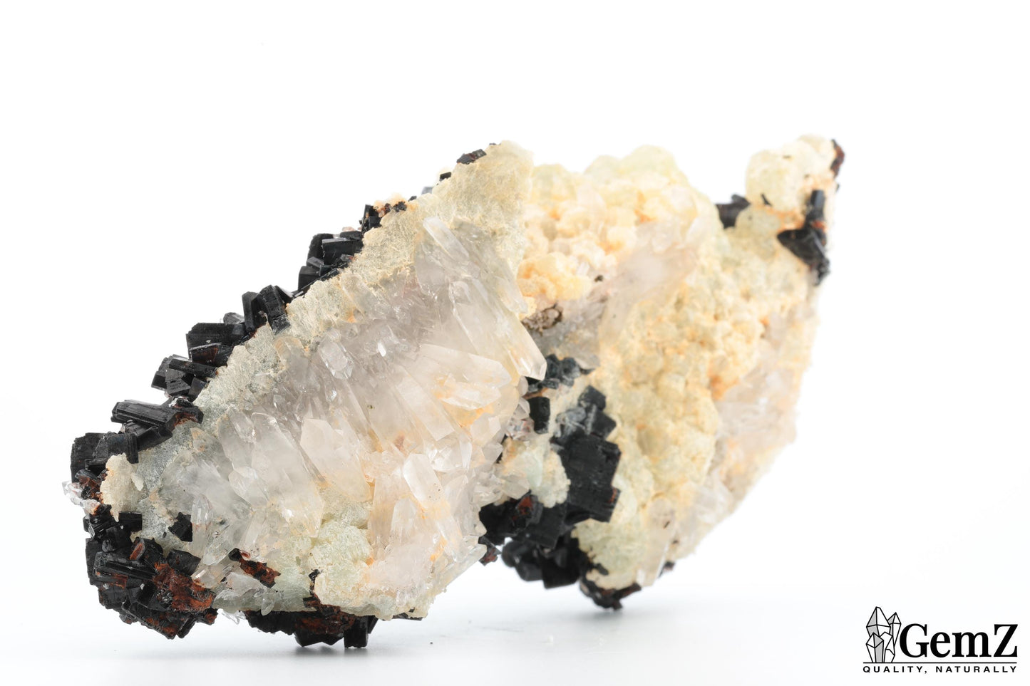 Spectaculaire babingtonite sur phrénite et quartz – 340g
