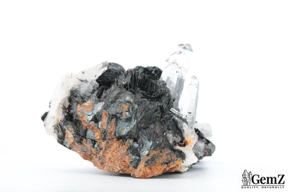 Cristaux de roche sur Hématite lamellaire (Spécularite) – Mine de Florence, Egremont, Royaume-Uni