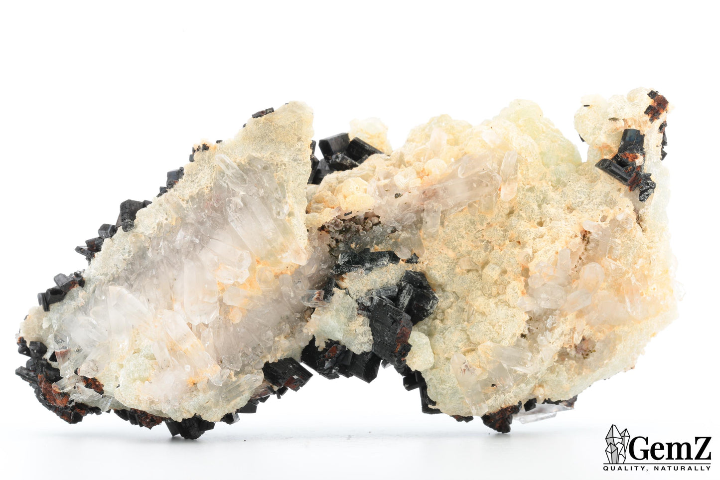 Spectaculaire babingtonite sur phrénite et quartz – 340g