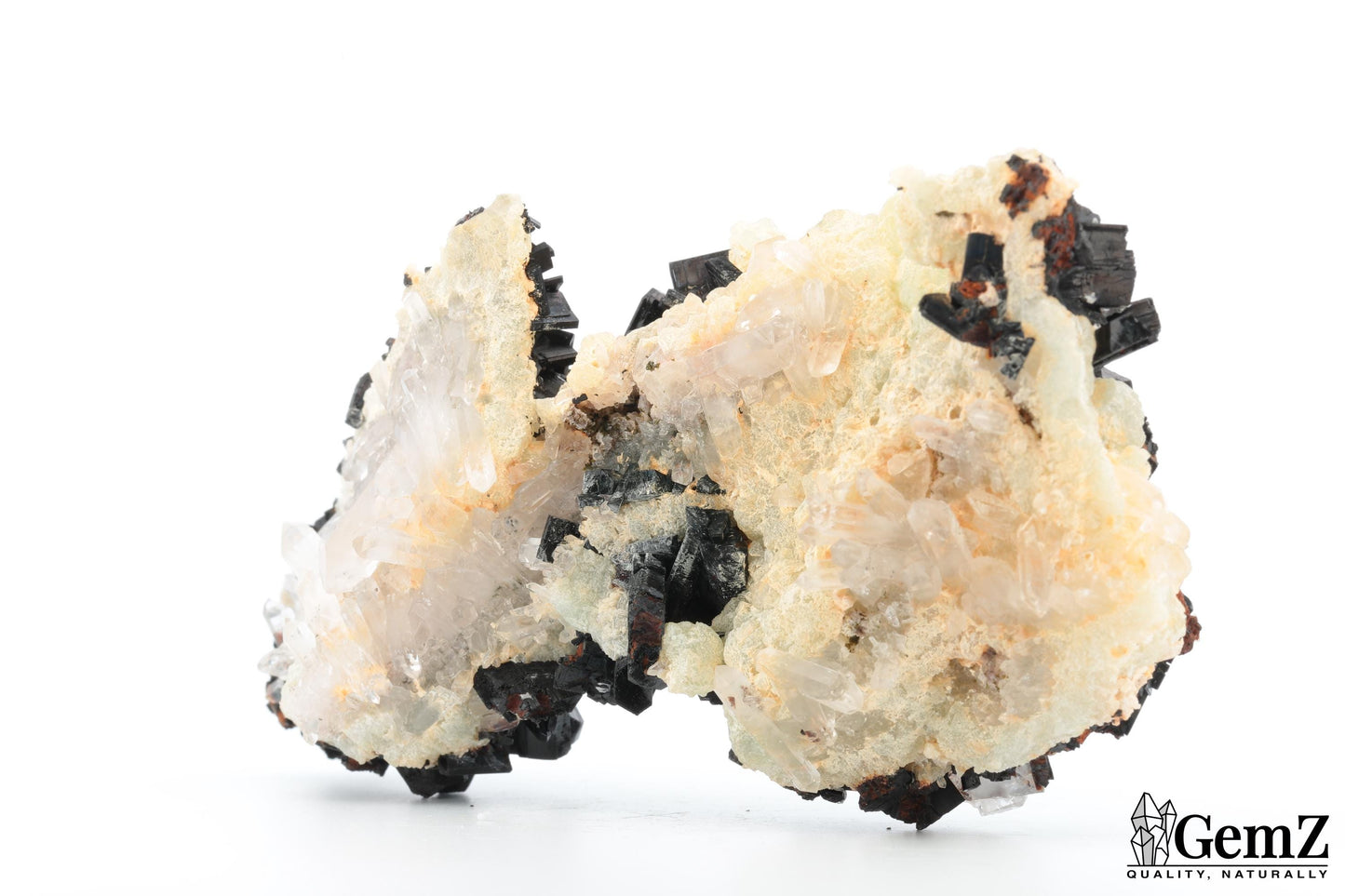 Spectaculaire babingtonite sur phrénite et quartz – 340g