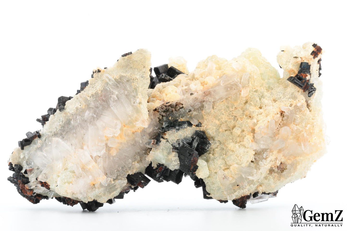 Spectaculaire babingtonite sur phrénite et quartz – 340g