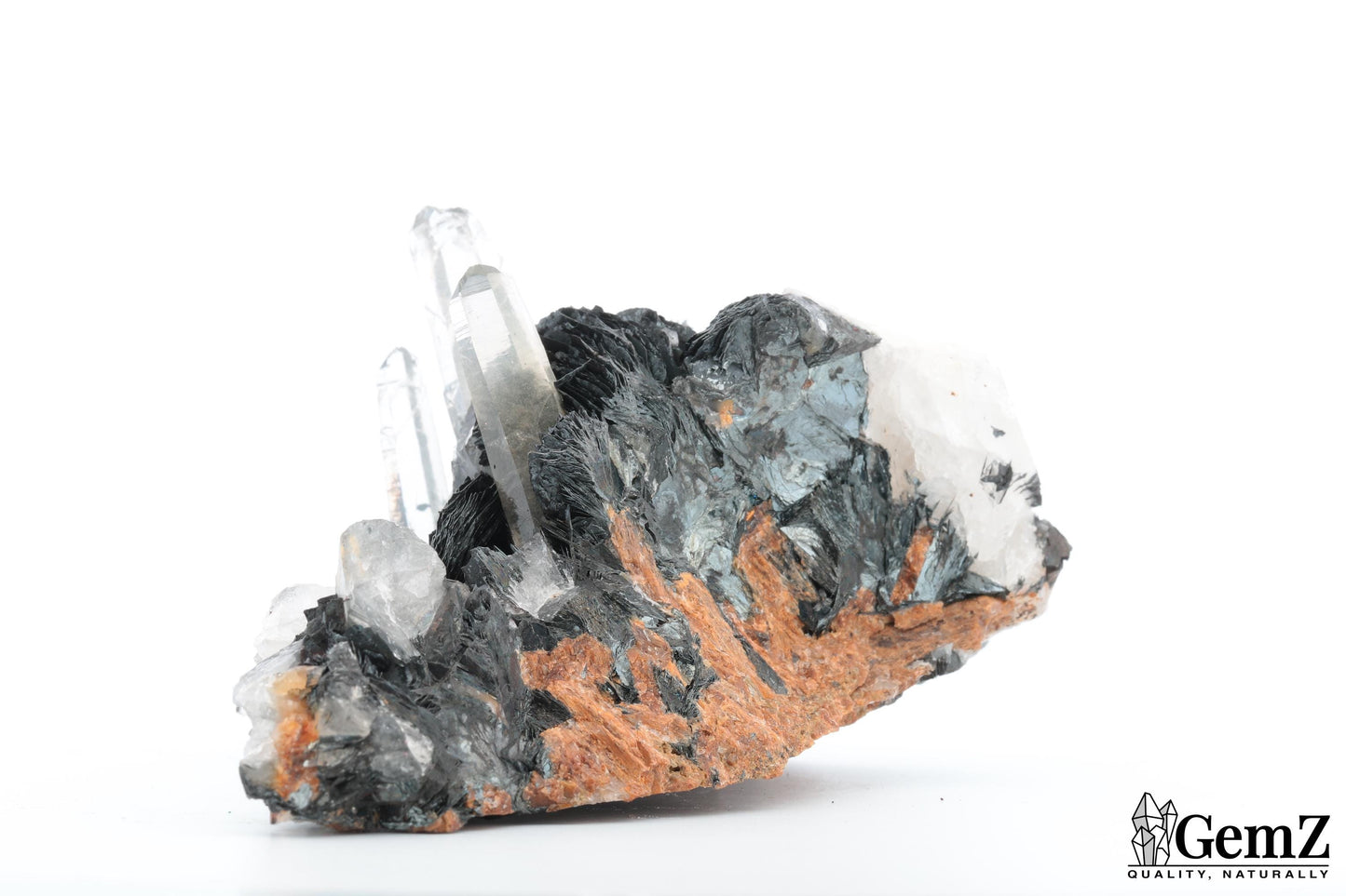 Cristaux de roche sur Hématite lamellaire (Spécularite) – Mine de Florence, Egremont, Royaume-Uni