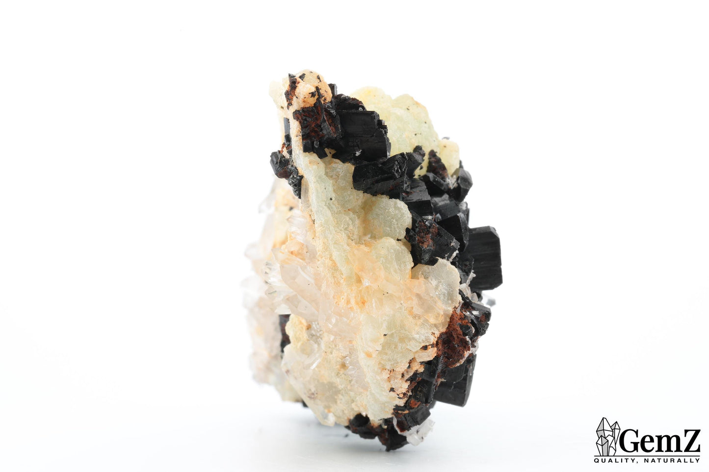 Spectaculaire babingtonite sur phrénite et quartz – 340g