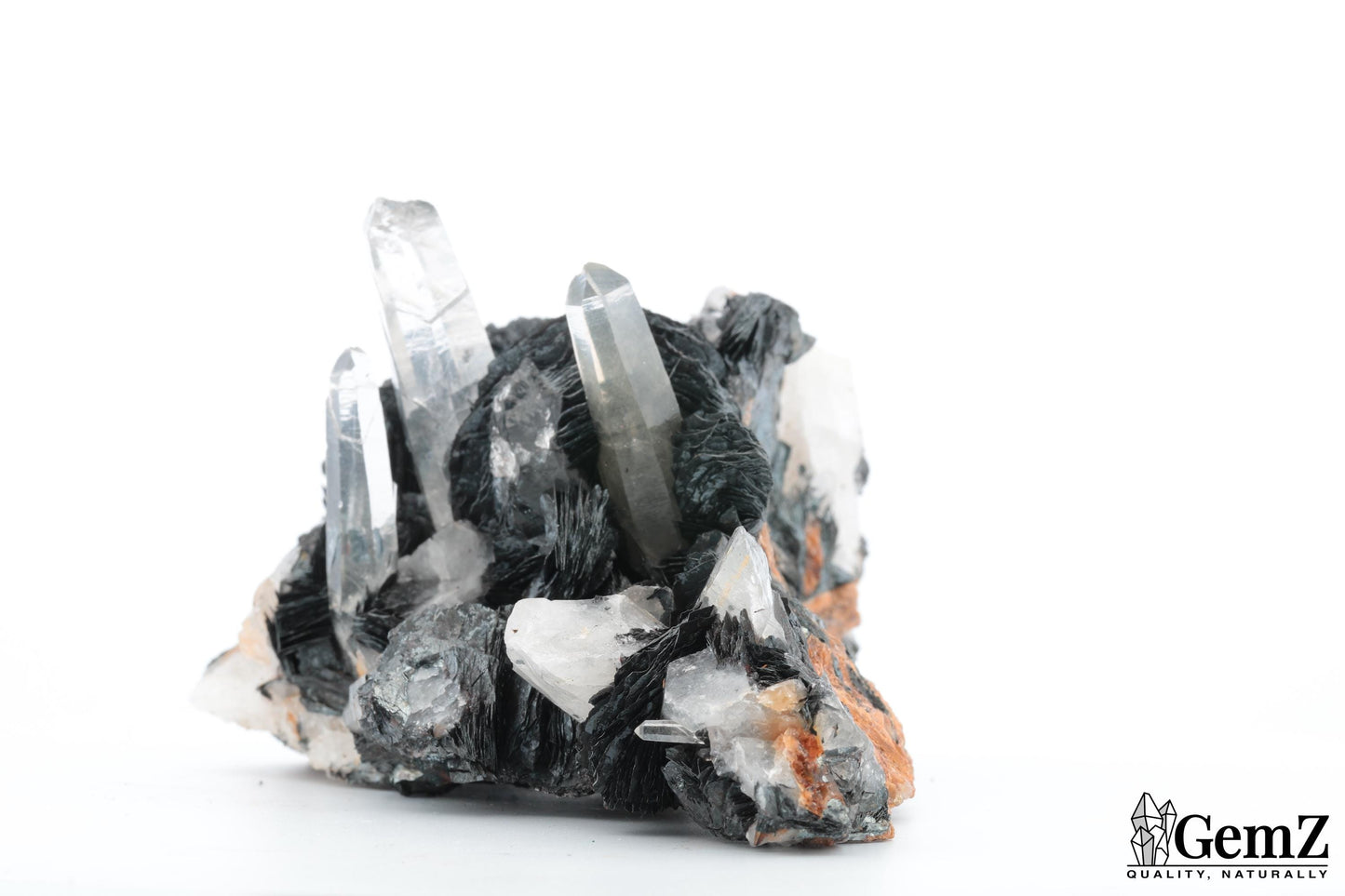 Cristaux de roche sur Hématite lamellaire (Spécularite) – Mine de Florence, Egremont, Royaume-Uni